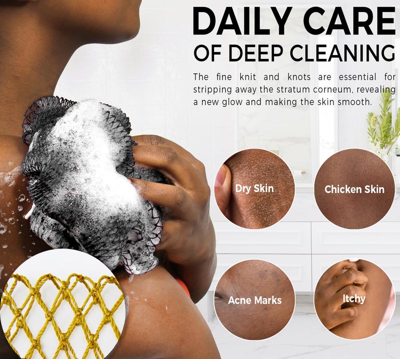 RelaxScene African Net Sponge Black and AntiGolden - 2 Pieces Authentic African Bath Sponges with Knots - Exfoliating Body Scrubber for Men - Back Scrub Exfoliator for Shower Bathroom Accessories - Image 5